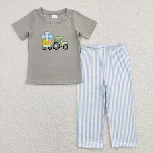 Sibling Baby Girls Boys Easter Egg Tractor Heart Short Sleeve Top Pants Outfit Romper