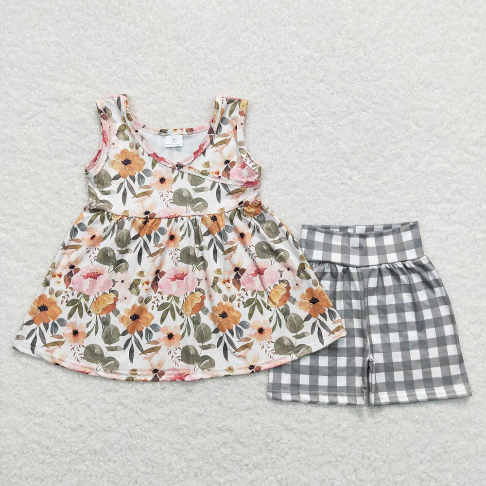 Baby Girls Green Floral Tunic Top Checkered Shorts Clothes Sets