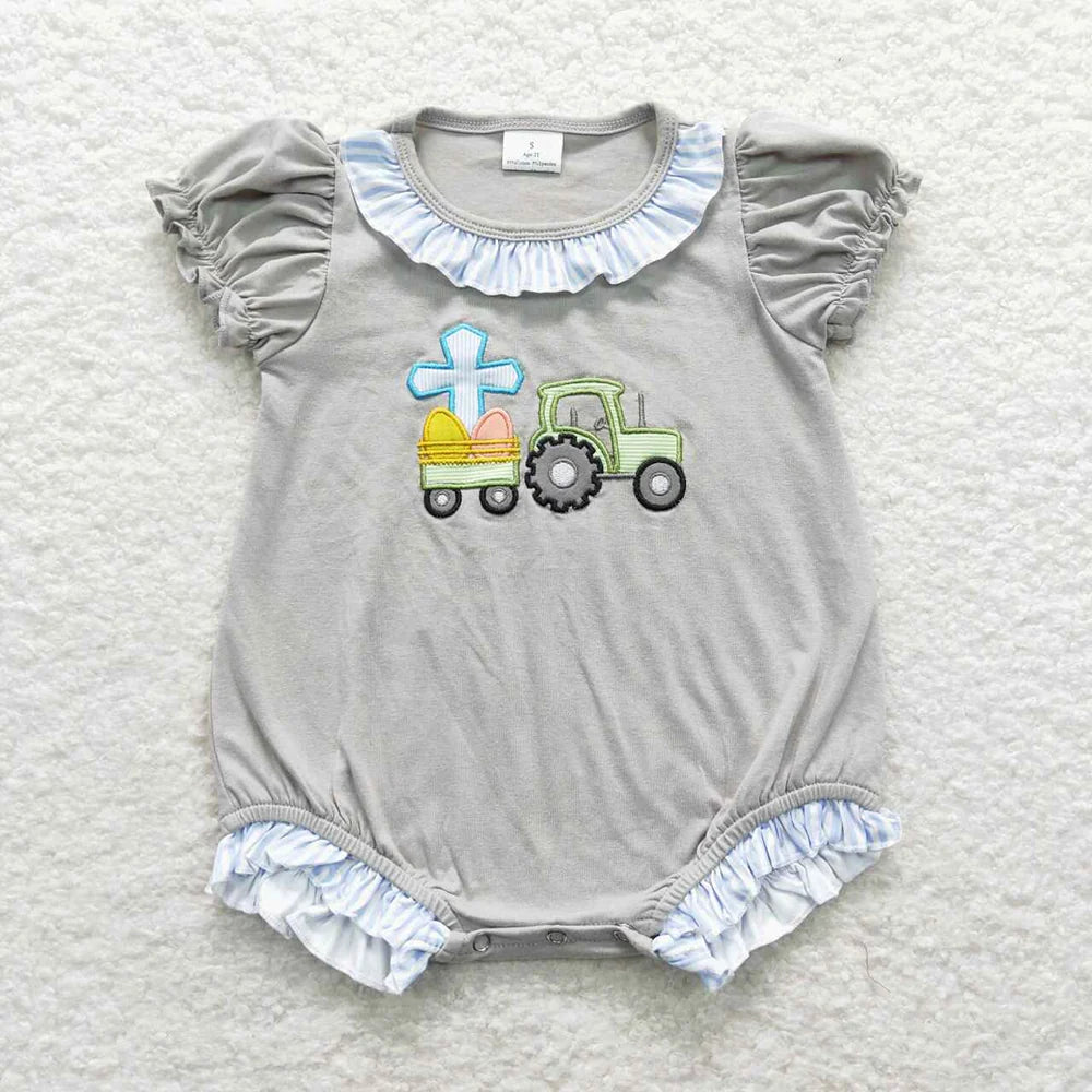 SR0491 Baby Girls Easter Egg Tractore Short Sleeve Bubble Romper