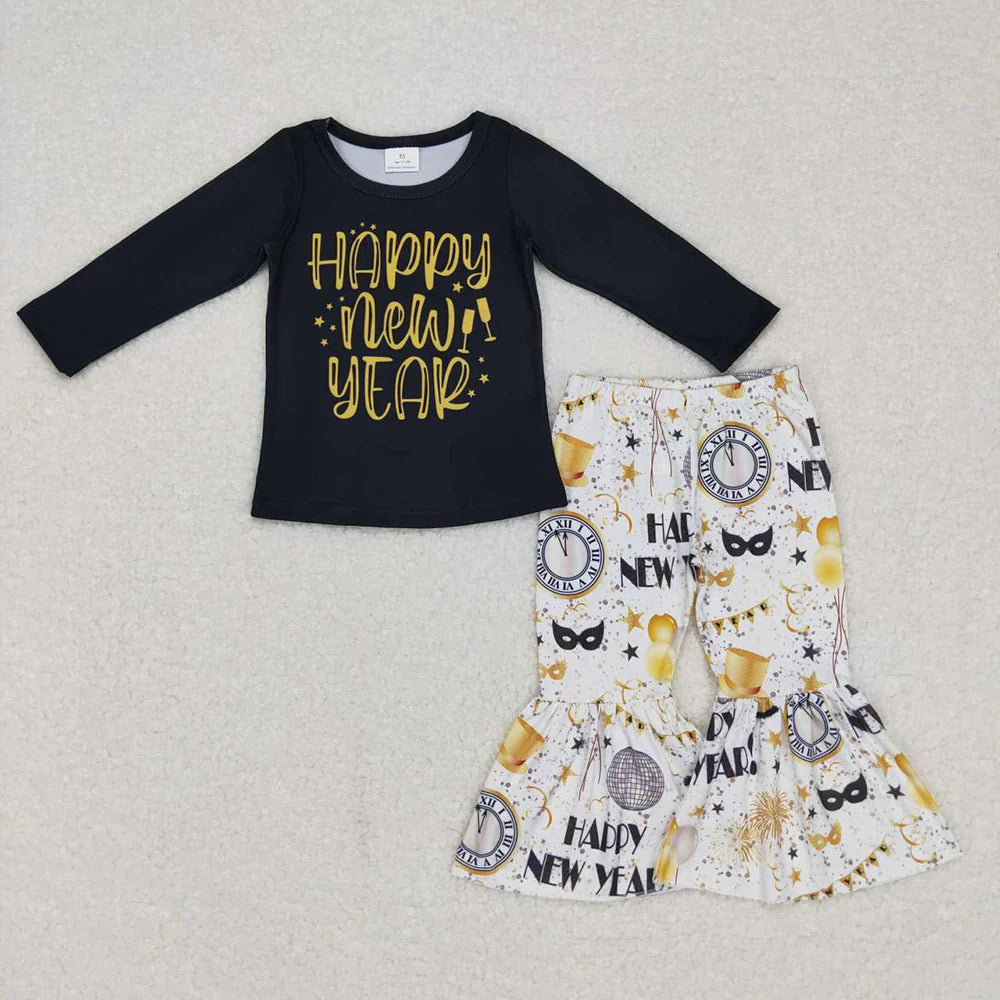 Baby Girls Black Happy New Year Top Bell Bottom Pants Clothes Sets