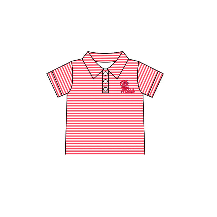 (Custom Design Preorder MOQ 5) Baby Boys Short Sleeve Red Stripe Ole Miss Team Button Polo Shirt Top