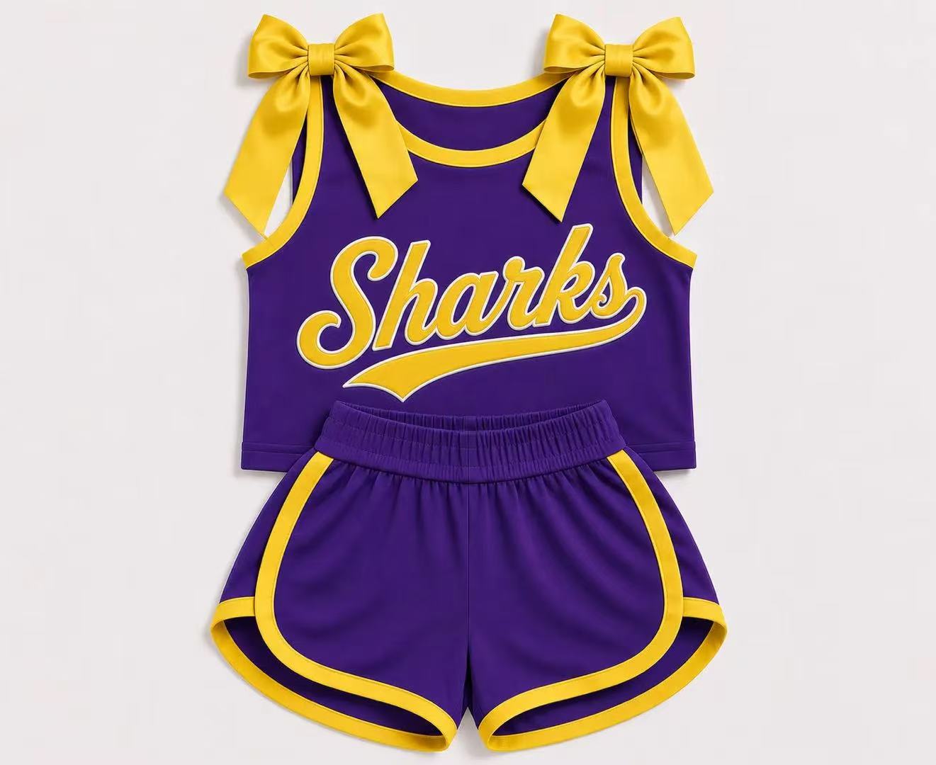 (Custom Design Preorder MOQ 5) Girls Bow Strap Sharks Purple Tank & Shorts Sport Team Outfit