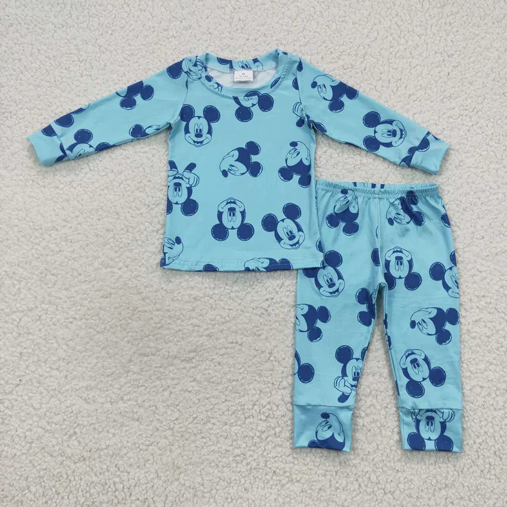 Baby Boys Cartoon Mouse Blue Long Sleeve Top Pants Pajama Set