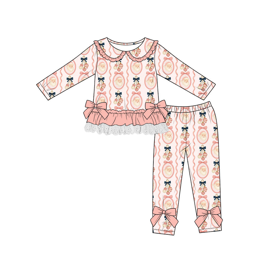 (Custom Design Preorder MOQ 5) Santa Bows Ruffle Top Legging Pants Girls Christmas Clothes Set