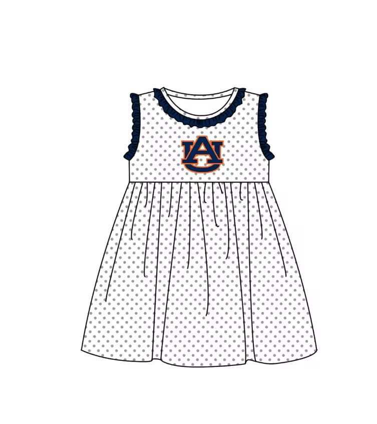 (Custom Design Preorder MOQ 5) Kids Girls Teams Auburn Navy Polka Dot Sleeveless Dress