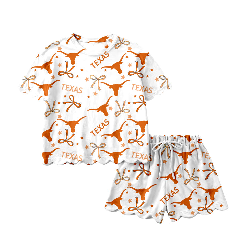 (Custom Design Preorder MOQ 30) Teams Texas Longhorns Bows Baby Girls Summer Scallop Clothes Set