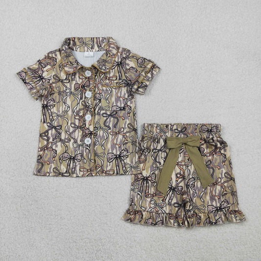 Sibling Family Mama Girls Southern Camo Bows Button Pocket Ruffle Shorts Pajamas Sets
