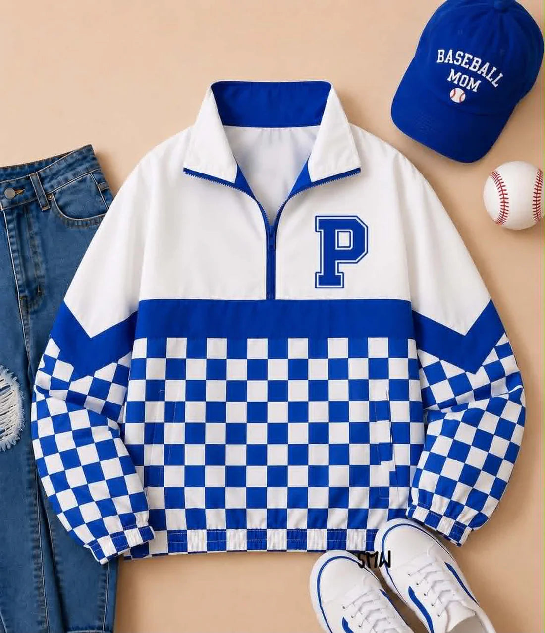 (Custom Preorder MOQ 5) Baby Boys Long Sleeve Blue Checked P Team Zip Pullovers Tops