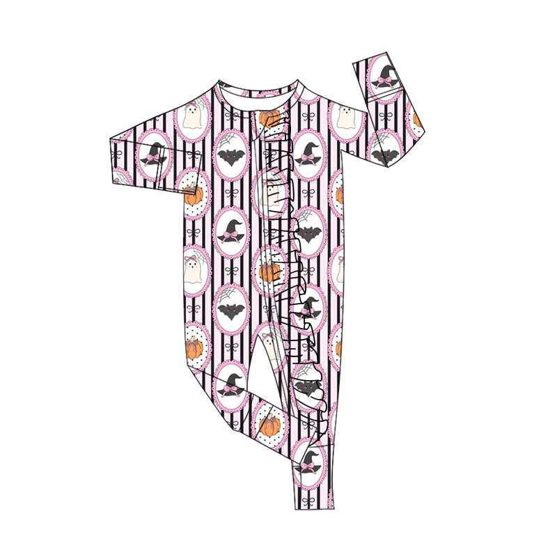 (Custom Design Preorder MOQ 5) Ghost Bows Stripes Print Baby Girls Halloween Zipper Sleeper Romper