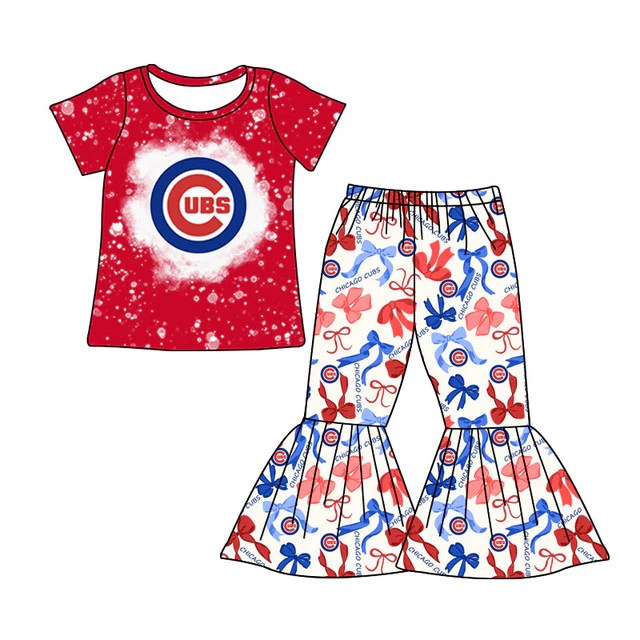 (Custom Design Preorder MOQ 5) Teams UBS Red Top Bows Bell Pants Baby Girls Set