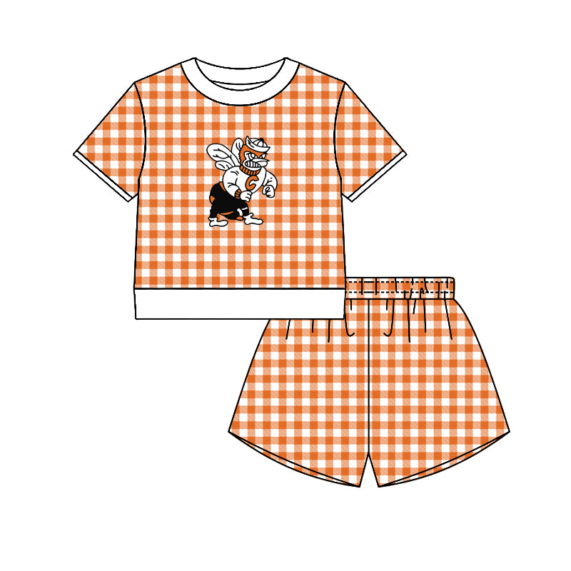 (Custom Design Preorder MOQ 5) Teams Caldwell Hornet Top Orange Checkerd Shorts Mommy and Me Summer Yoga Clothes Set
