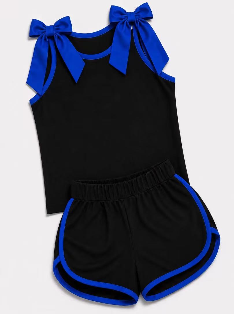 (Custom Design Preorder MOQ 5) Girls Royal Blue Bow Black Strap Tank & Shorts Sport Team Outfit