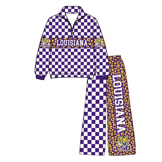 (Custom Design Preorder MOQ 5 Each)Teams Leopard Checkered Print Long Sleeve Zipper Top Split Pants Girls Clothes Set Sisters Wear