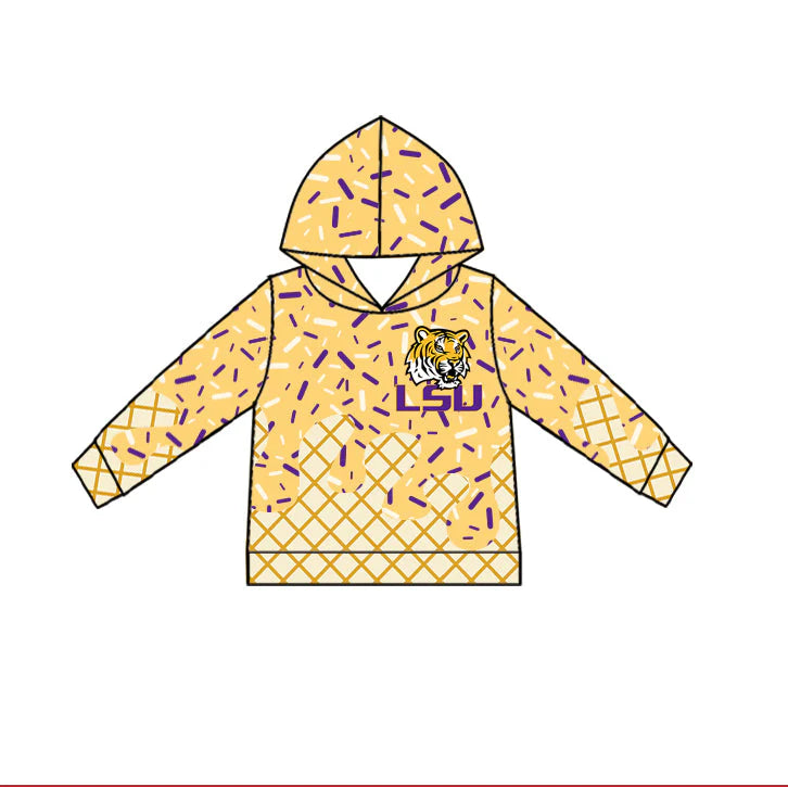 (Custom Design Preorder MOQ 5) Baby Boys Yellow Drip Sprinkles LSU Tiger Team Hoodies Top