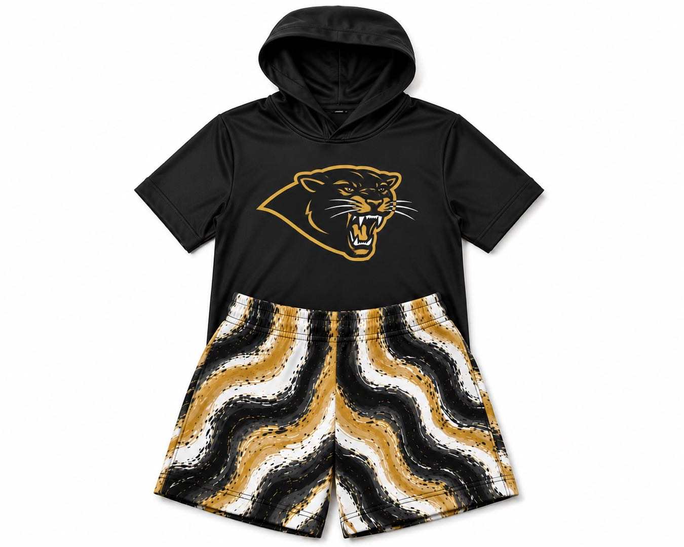 (Custom Design Preorder MOQ 5) Teams Panthers Black Hoodie Top Shorts Boys Summer Clothes Set