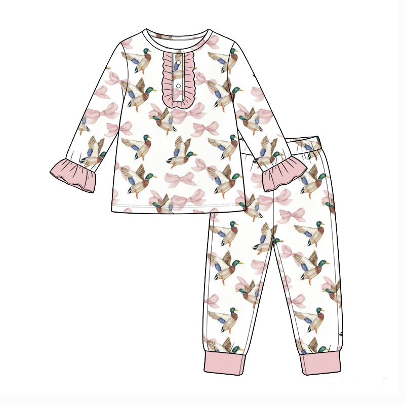 (Custom Design Preorder MOQ 5) Mallard Duck Bows Print Girls Fall Pajamas Clothes Set