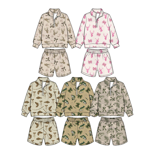 (Custom Design Preorder MOQ 5 Each) Fish Deer Camo Print Long Sleeve Zipper Top Shorts Girls Hunting Clothes Set Sisters Wear
