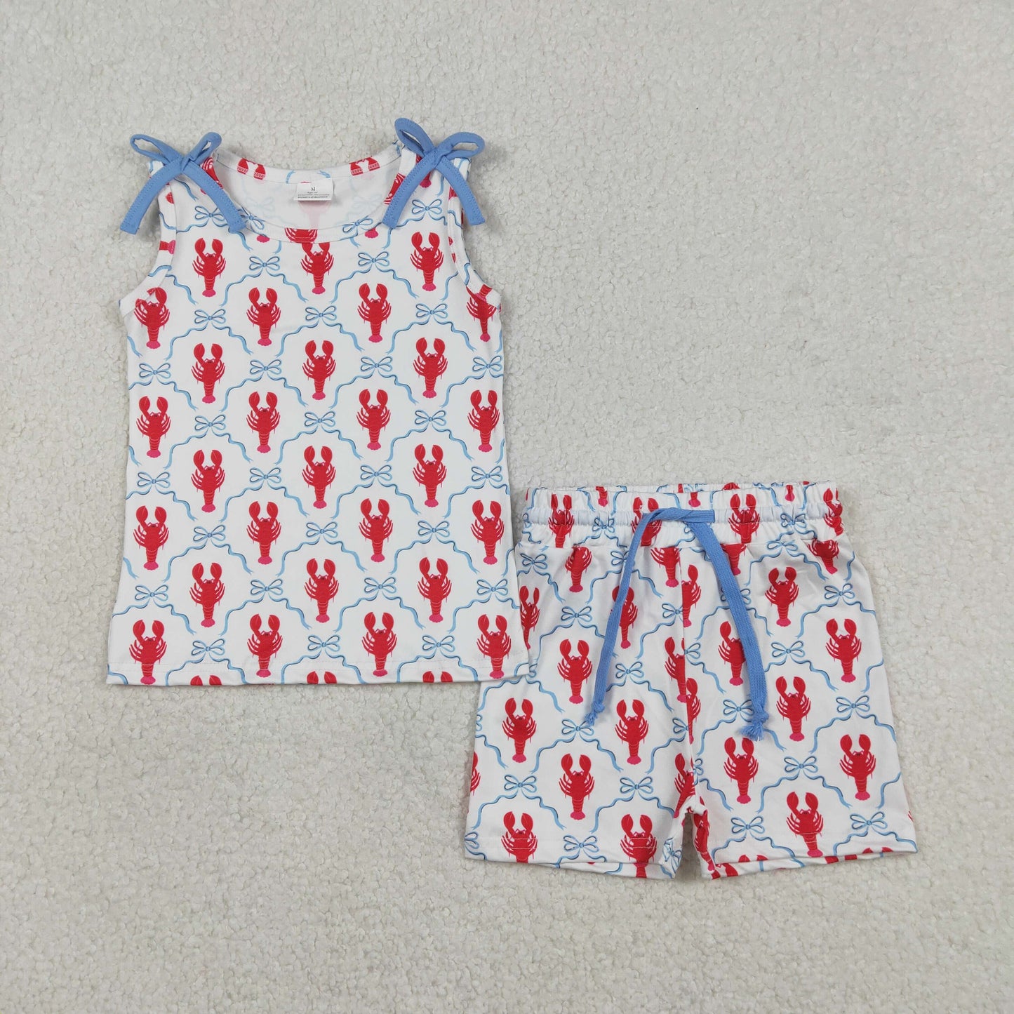 Sibling Baby Girls Bows Crayfishes Checked Shorts Clothes Set Ruffle Knee Length Dresses