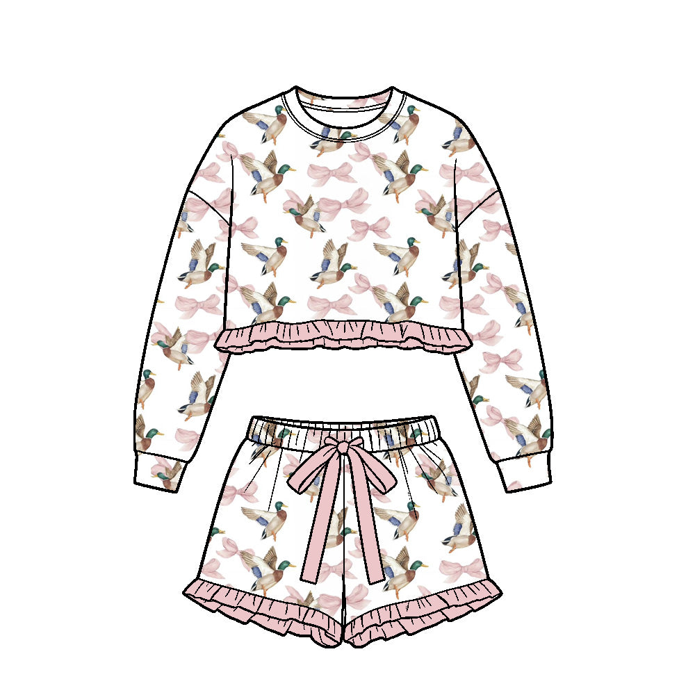 (Custom Design Preorder MOQ 5) Mallard Duck Bows Print Long Sleeve Top Shorts Girls Ruffle Clothes Set