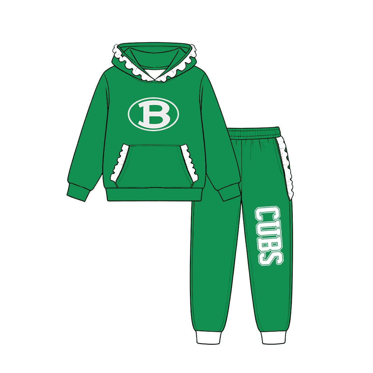 (Custom Design Preorder MOQ 5) Teams Brenham Cubs Green White Ruffles Hoodie Top Pockets Joggers Pants Girls Yoga Clothes Set