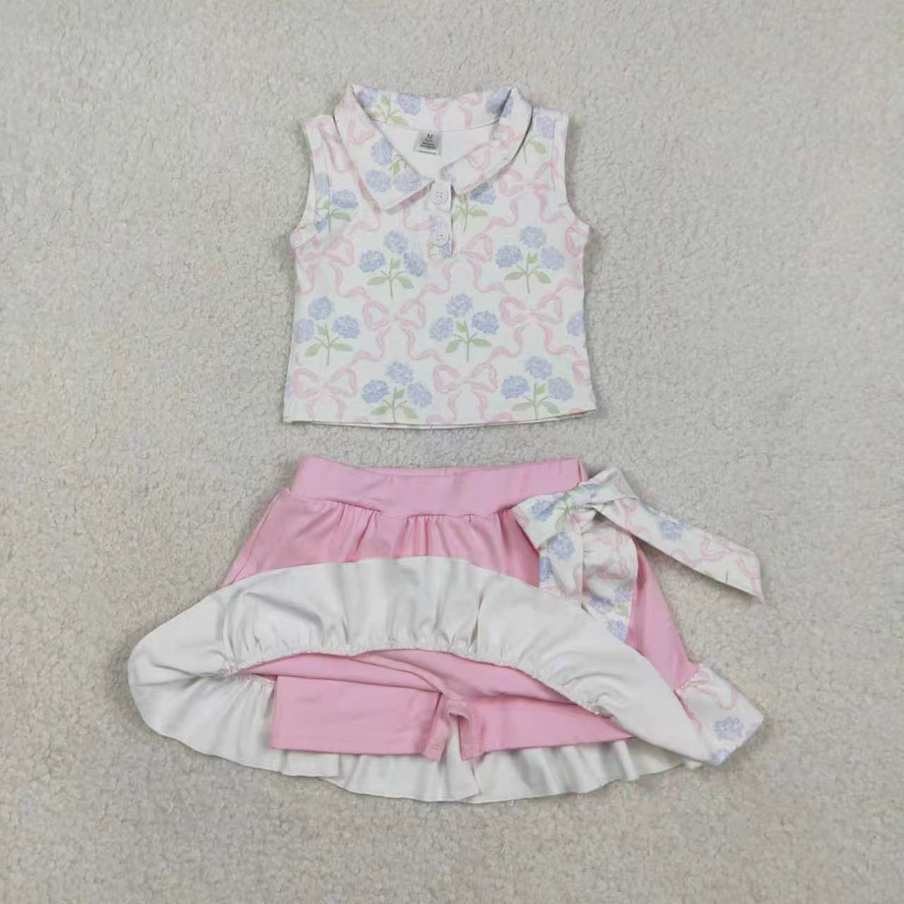Sibling Baby Girls Bow Print Sleeveless Polo Top with Skort Active Outfit