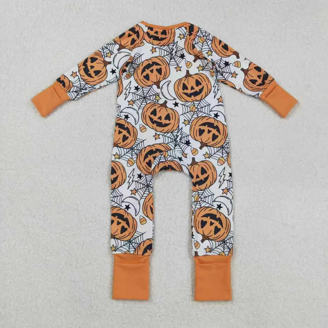 Sibling Baby Girls Orange Pumpkins Halloween Pajamas Sets Rompers Knee Length Dresses