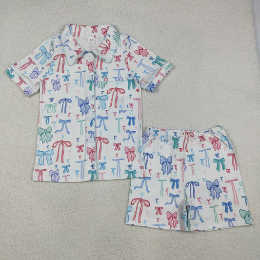 Mama and Me Colorful Bows Pocket Button Top Shorts Pajamas Sets