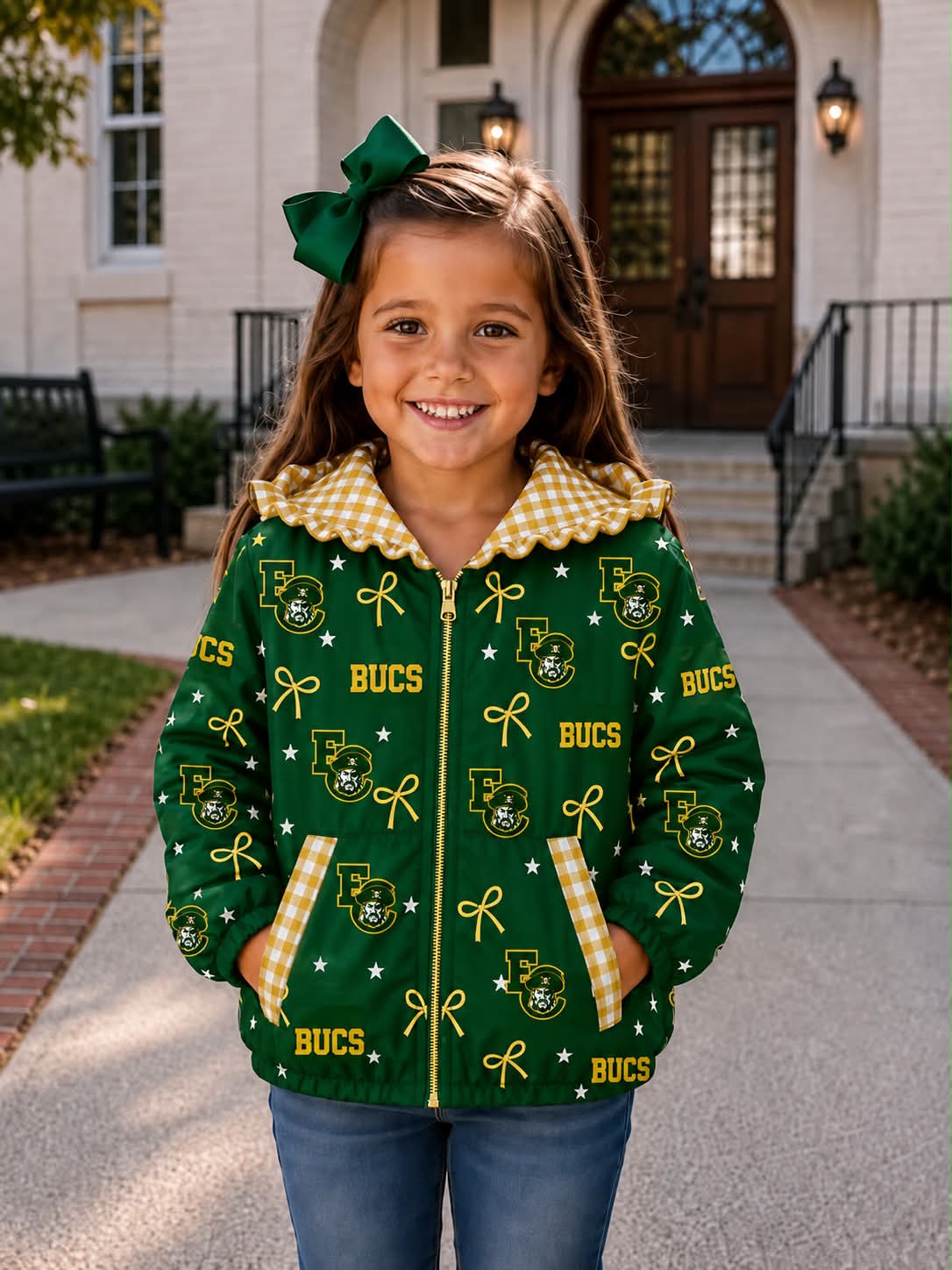 (Custom Design Preorder MOQ 5) Teams East Chambers Bows Stars Print Girls Pockets Zipper Ruffle Hoodie Jacket Top