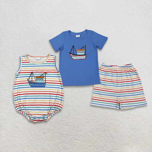 Sibling Baby Boys Embroidery Boats Colorful Stripe Top Shorts Clothes Set Rompers