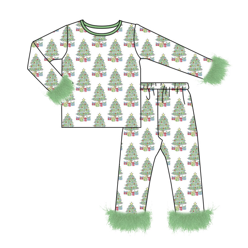 (Custom Design Preorder MOQ 5) Tree Gift Print Girls Christmas Fur Pajamas Clothes Set