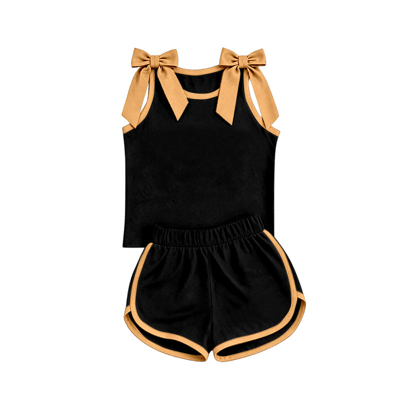 (Custom Design Preorder MOQ 5) Black & Golden Bow Tank Top With Shorts Outfit Mommy and Me Clothes Set(副本)