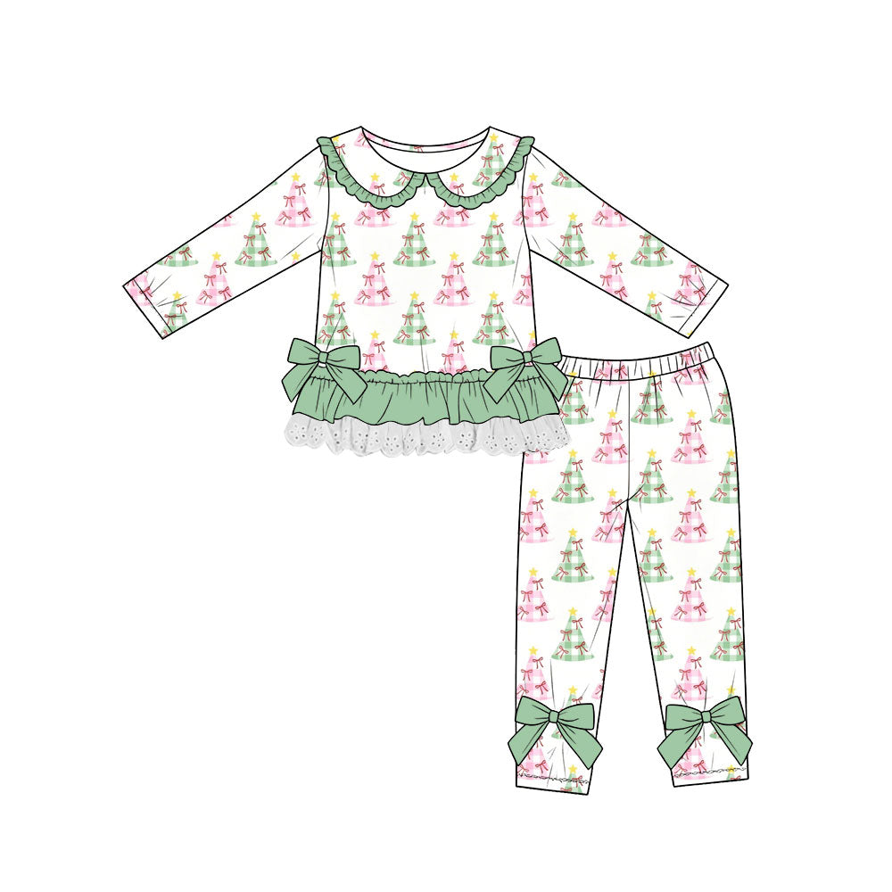 (Custom Design Preorder MOQ 5) Tree Bows Checkerd Green Ruffle Top Legging Pants Girls Christmas Clothes Set