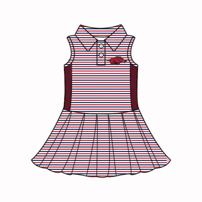 (Custom Design Preorder MOQ 5) Baby Girls Red Stripe Arkansas Button Polo Team Knee Length Dresses