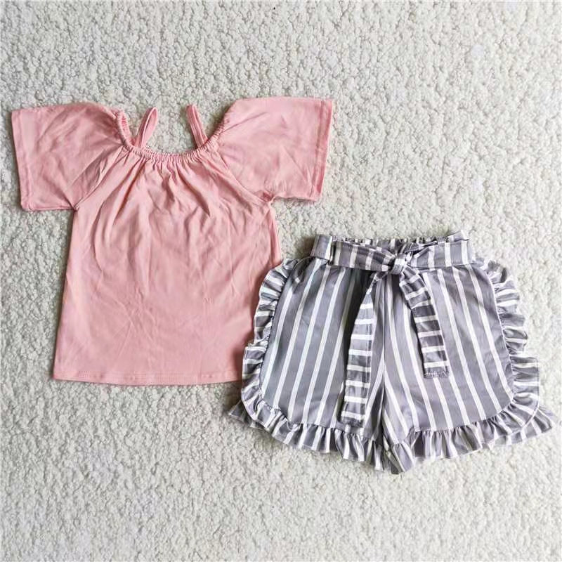 Pink Short Sleeve Top Stripes Ruffles shorts summer outfits D7-28