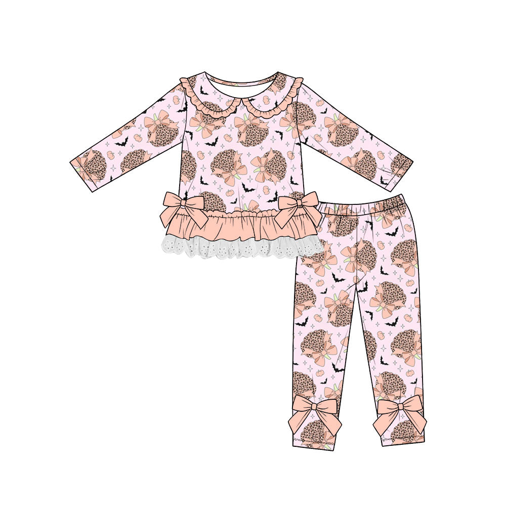 (Custom Design Preorder MOQ 5) Leopard Pumpkin Bows Bat Ruffle Top Legging Pants Girls Halloween Clothes Set