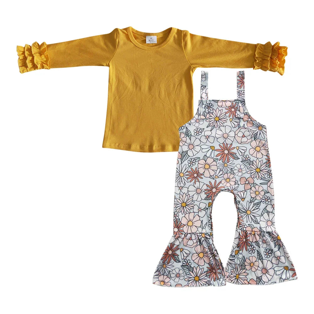 Baby Girls Yellow Icing Sleeve Tgop with Daidy Overall Outfit