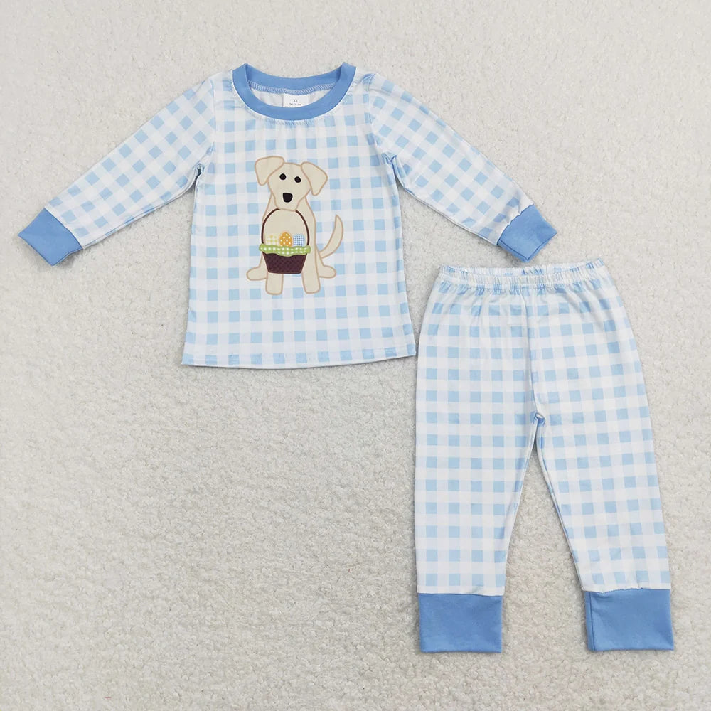 Sibling Baby Girls Boys Easter Puppy Egg Plaid Long Sleeve Pajama Set
