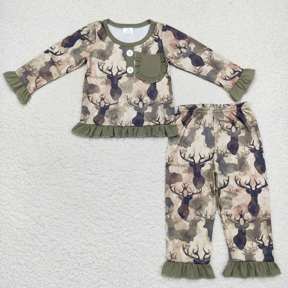 Baby Girls Camo Deer Pocket Top Pants Pajamas Clothes Sets)
