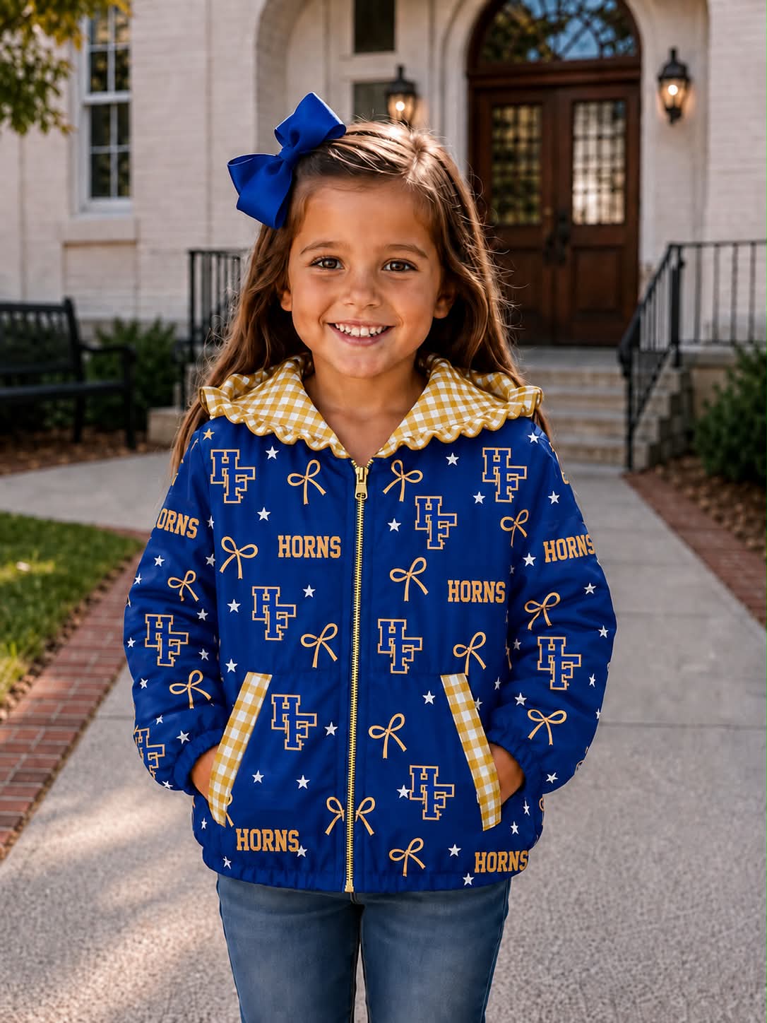 (Custom Design Preorder MOQ 5) Teams Hamshire Fannett Bows Stars Print Girls Pockets Zipper Ruffle Hoodie Jacket Top