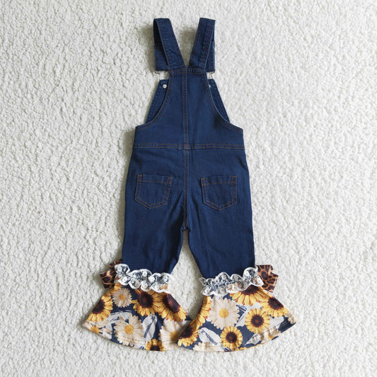 Baby girls suspender denim overall sunflower jumpsuit P0028