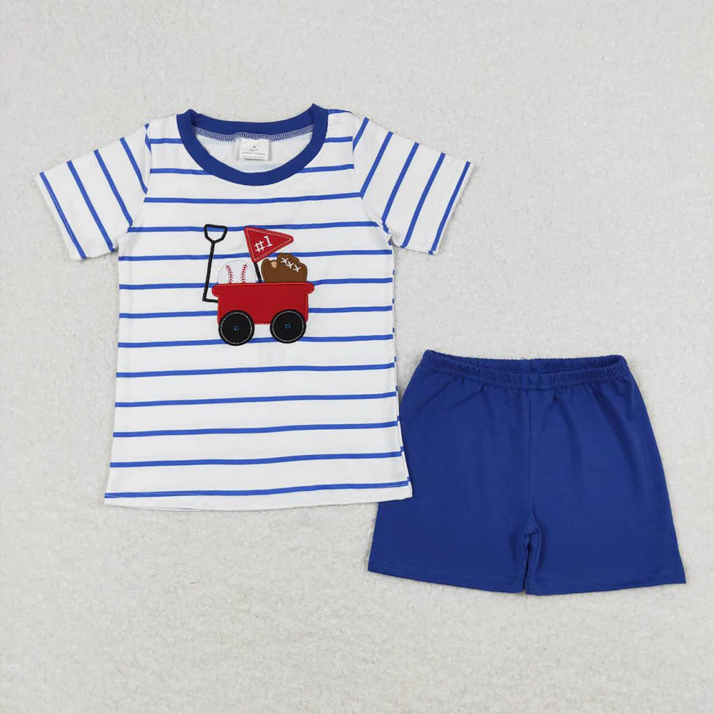 Baby Boys Blue Stripes Baseball Shirts Shorts Rompers Clothes Set