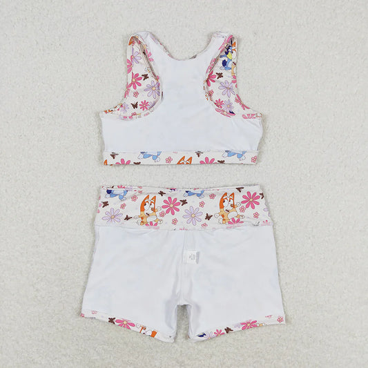 Baby Girls Blue Dog Flowers Crop Tops Shorts Clothes Set