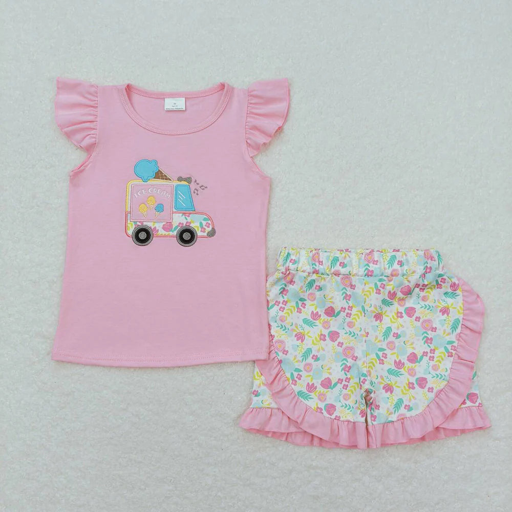 Baby Girls Pink Flutter Sleeve Embroidery Popstick Tunic Top Ruffle Shorts Clothes Sets