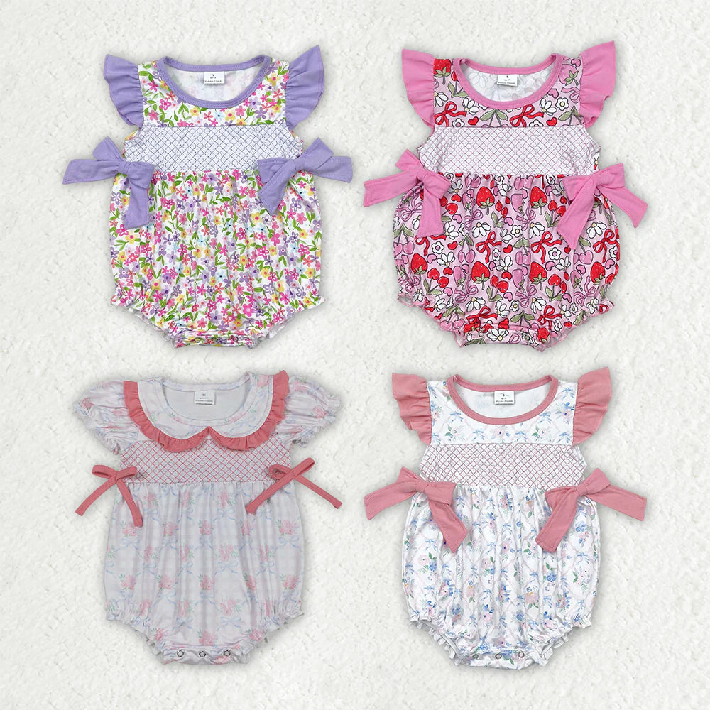 Sibling Embroidery Baby Infant Girls Flutter Sleeves Bows Ruffle Rompers