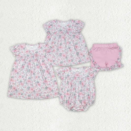 Sibling Baby Girls Pink Flowers Leaves Rompers Dresses Outfits