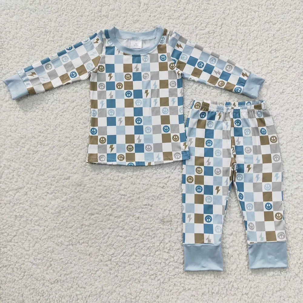 Baby Boys Blue Checked Long Sleeve Pants Pajama Set