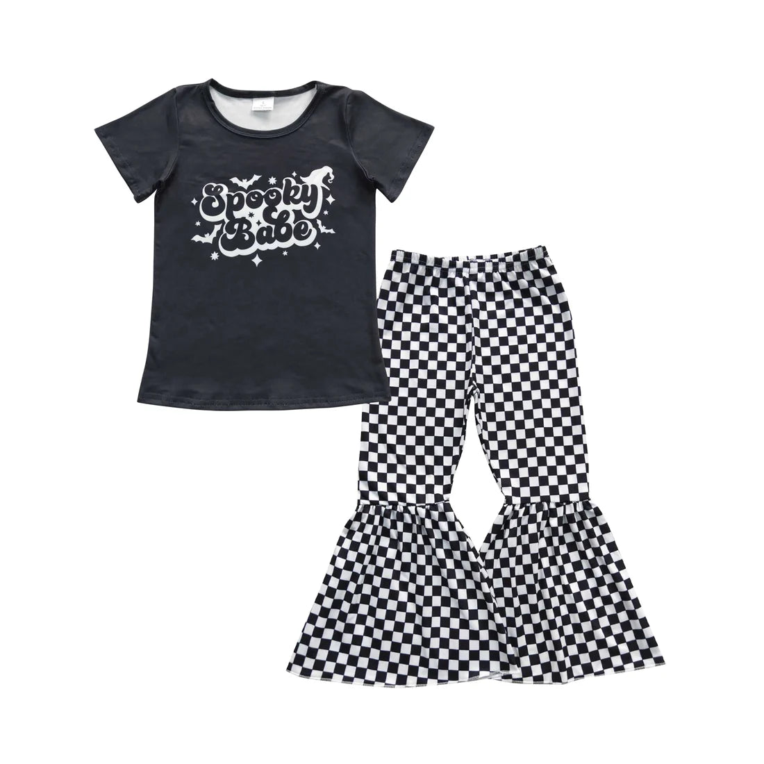 Baby Girls Spooky Babe Shirts Top Checked Bell Bottom Pants Outfit