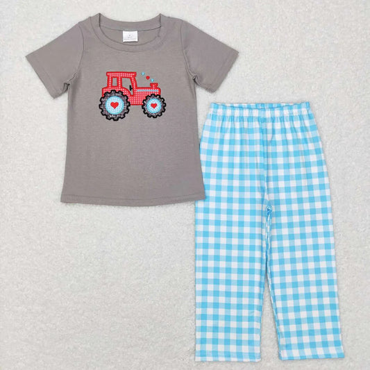 Sibling Baby Girls Boys Valentine Tractor Heart Short Sleeve Top Pants Outfit Romper