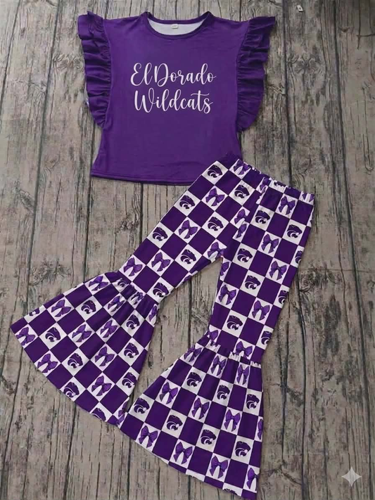 (Custom Design Preorder MOQ 5) Teams Wildcats Purple Top Plaid Bows Bell Pants Girls Clothes Set