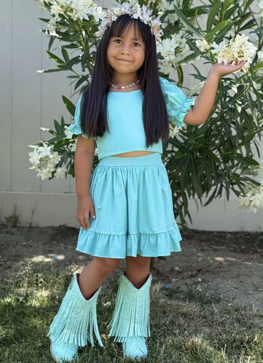 3 Colors Puff Sleeves Tank Top Ruffle Skort GirlsYoga Clothes Set Sisters Active Wear